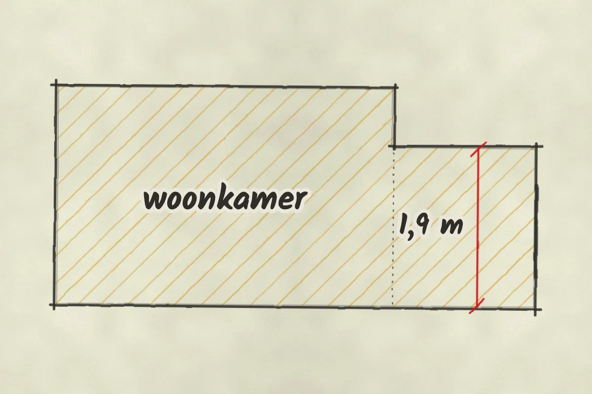 Doorsnede van een woonkamer met een lagere erker van 1,9 meter. Kamer en erker zijn geel gearceerd: allebei woonoppervlak.
