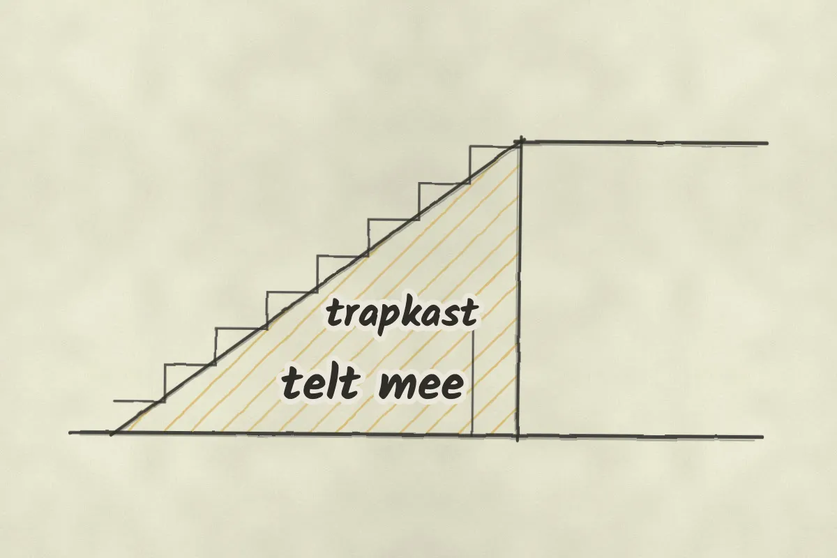 Doorsnede van een trap. De kast onder de trap is geel gearceerd: die telt mee.