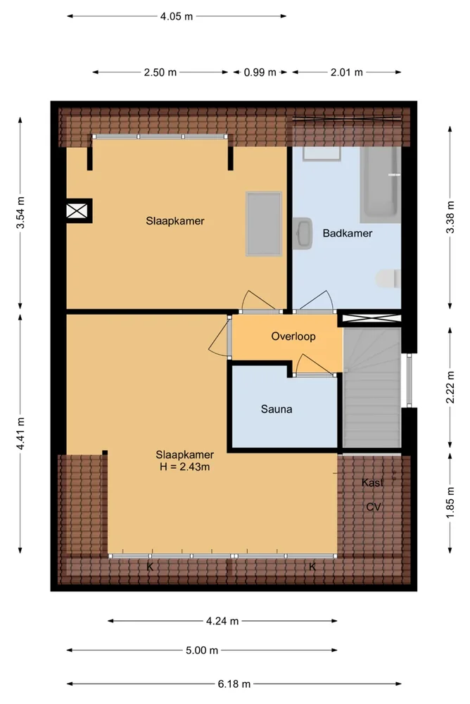 2D-plattegrond van een verdieping met twee slaapkamers, badkamer en sauna, met maten