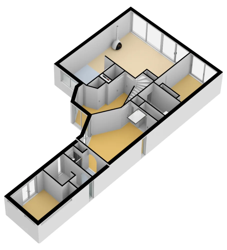 3D-plattegrond van een woning met schuine wanden