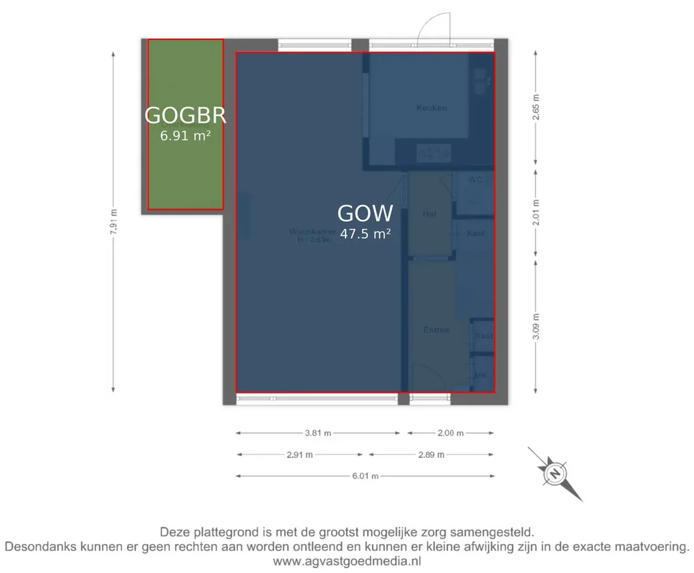 Begane grond met in blauw de gebruiksoppervlakte wonen (GOW) en in groen de gebouwgebonden buitenruimte (GOGBR)