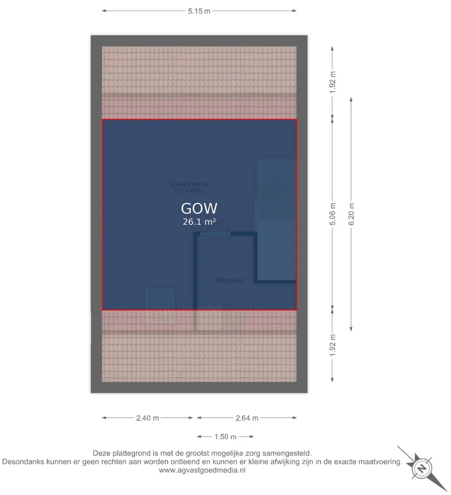 Zolderverdieping met in blauw de gebruiksoppervlakte wonen (GOW) en de schuine dakvlakken eromheen