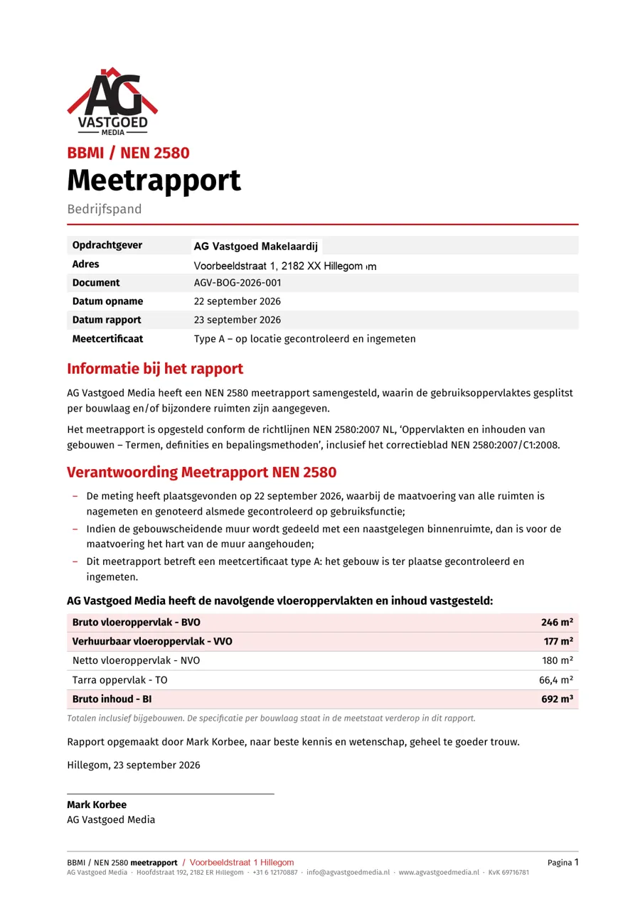 Eerste pagina van het voorbeeld-BOG-rapport met de vastgestelde oppervlakten