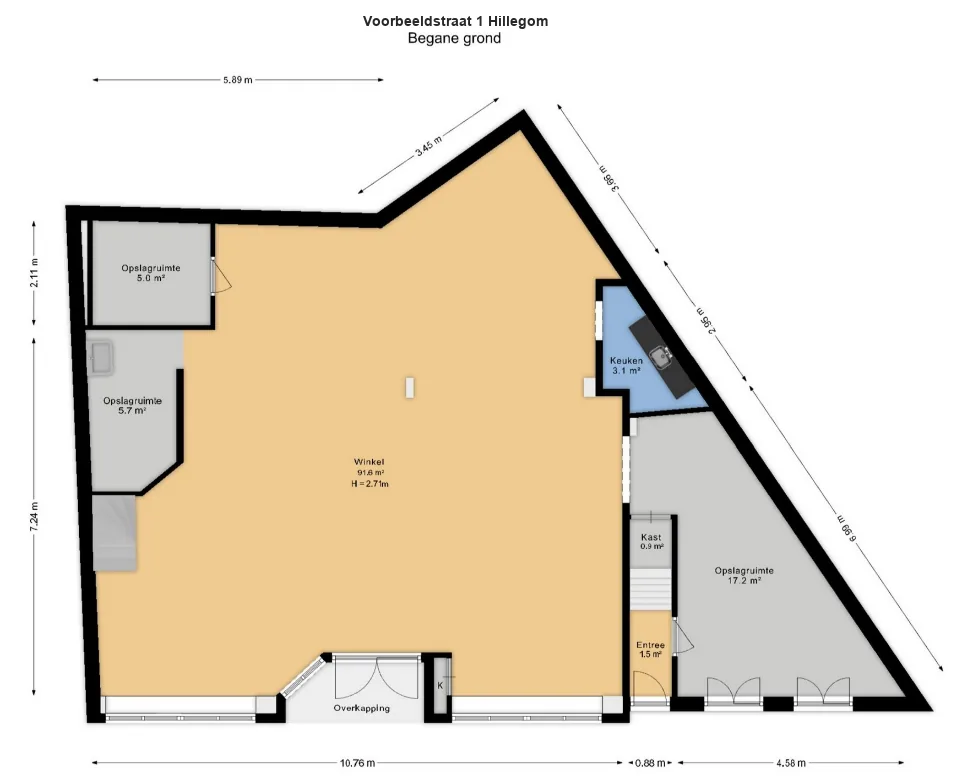 Plattegrond van de begane grond van een winkelpand, met oppervlakte per ruimte