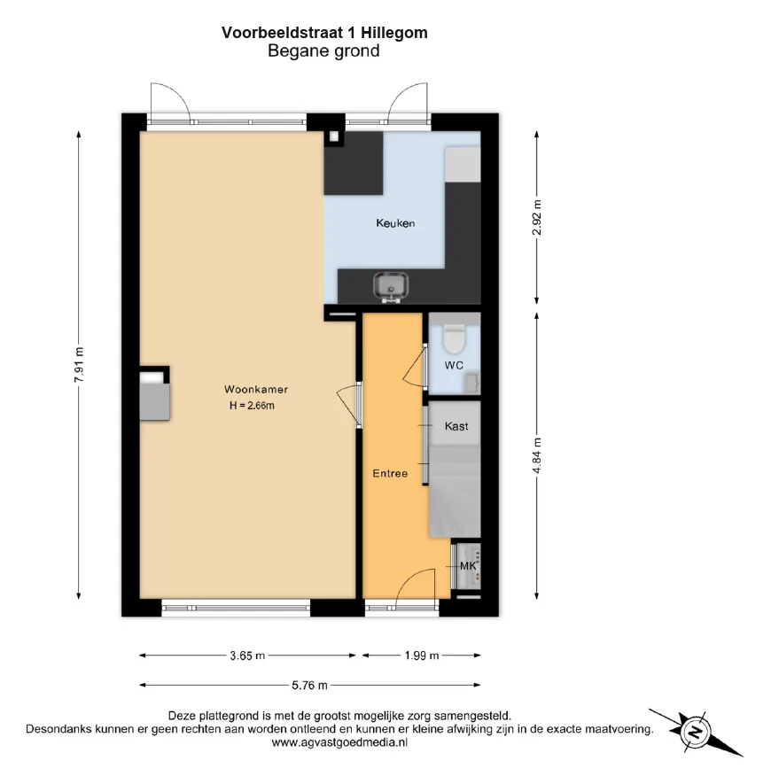 Plattegrond van de begane grond van een eengezinswoning, met maatvoering