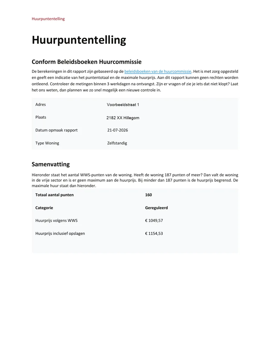 Pagina uit het voorbeeld-WWS-rapport met het puntentotaal en de maximale huur