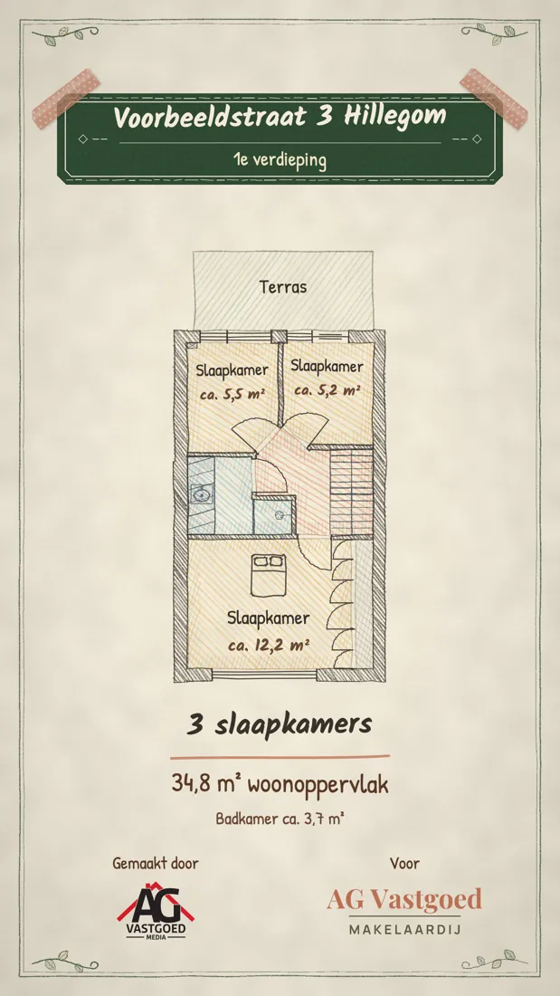 Handgetekende plattegrond (stijl Atelier) van de 1e verdieping van de voorbeeldwoning