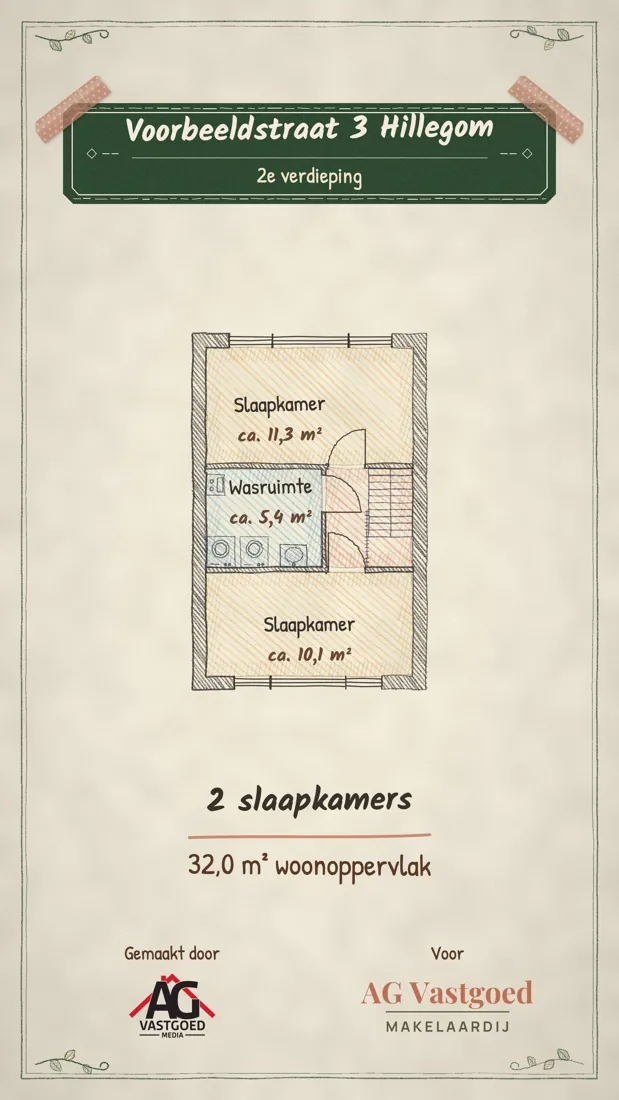 Handgetekende plattegrond (stijl Atelier) van de 2e verdieping van de voorbeeldwoning