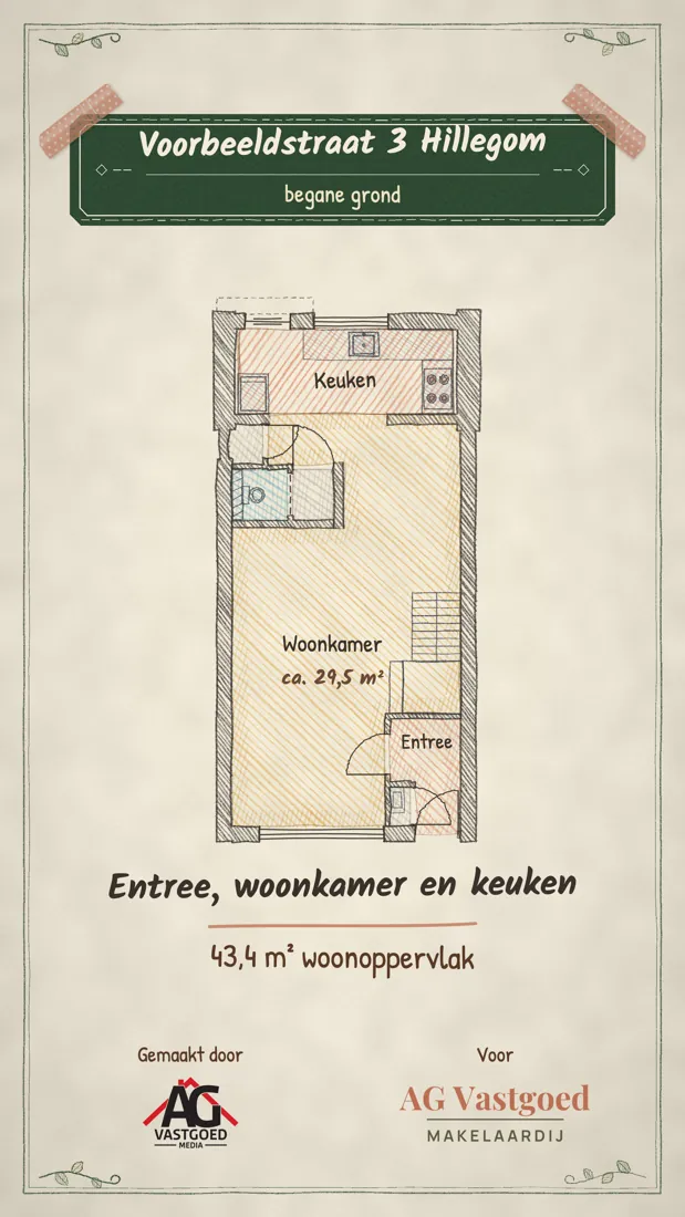 Handgetekende plattegrond (stijl Atelier) van de begane grond van de voorbeeldwoning
